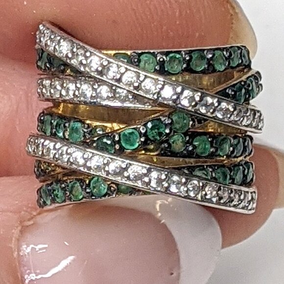 Vintage Crossover Gemstone Ring Gold Plated Sterling Silver Green Clear Stones - Picture 10 of 13